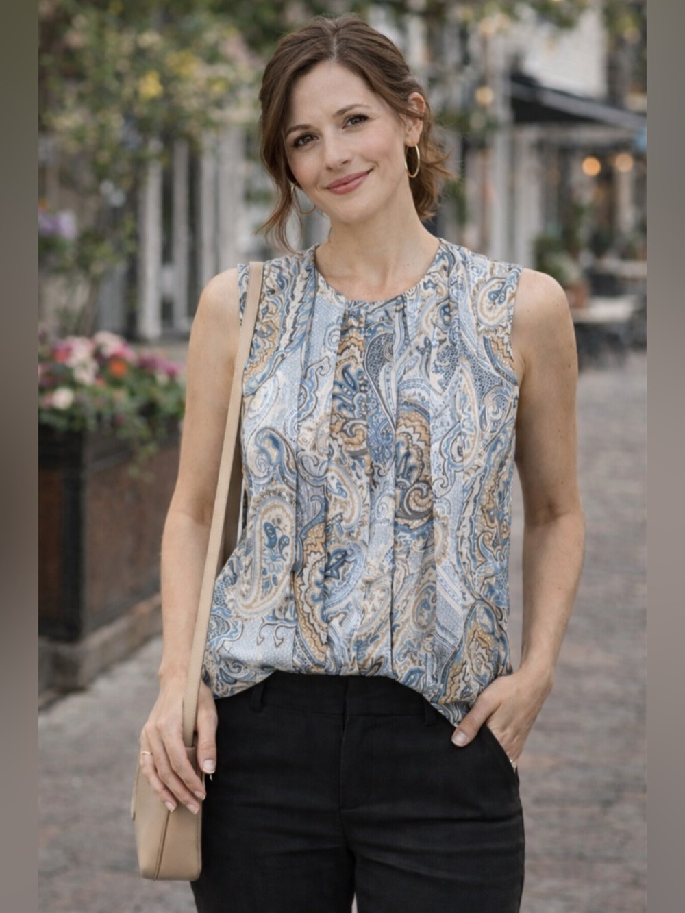 Tommy Hilfiger Paisley Sleeveless Blouse XS Blue Tan Top